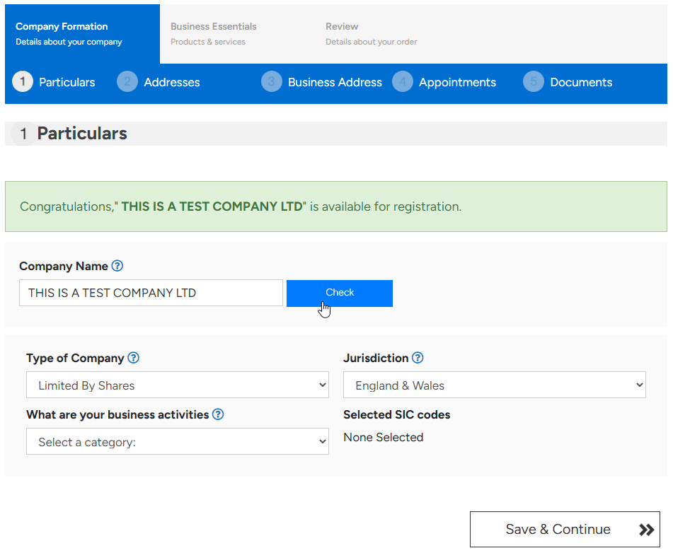 Company name and type selection
