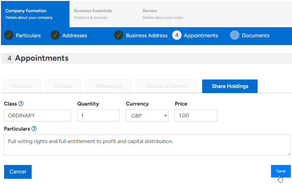 Share holdings entry