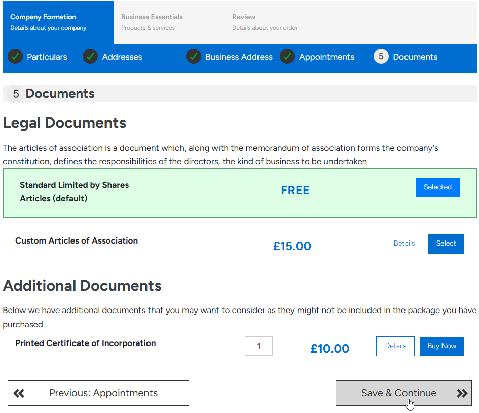 Articles of Association selection